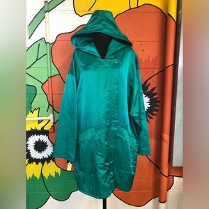 Vintage Oversized Green/Teal Nylon Rain Coat with Hood & Pockets